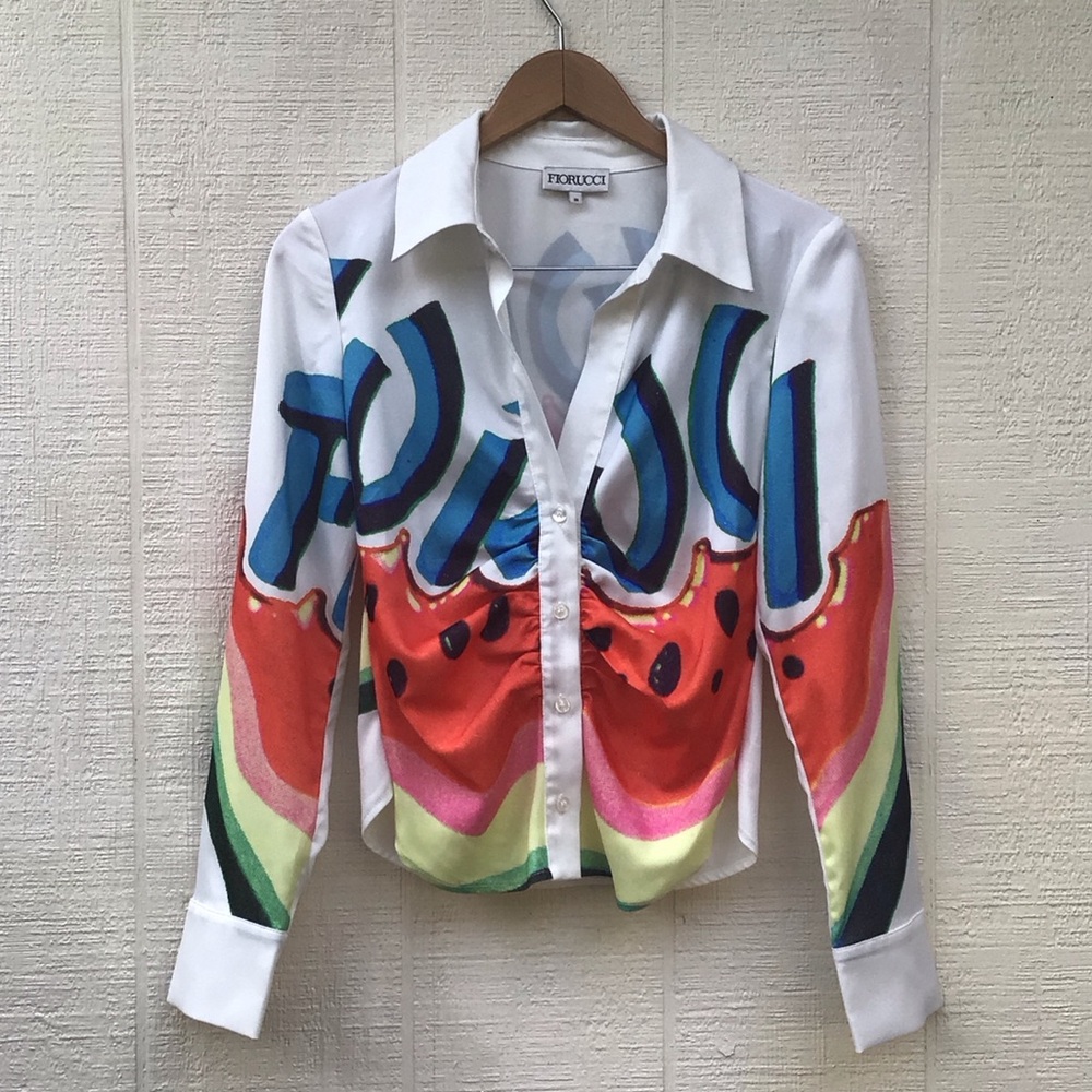 Fiorucci watermelon ruched button front long sleeve blouse